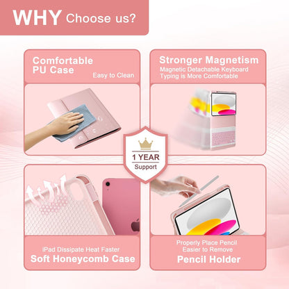NOKBABO for iPad 11th 10th Generation Case with Keyboard, Magnetic Wireless Detachable Folio case with Pencil Holder, Keyboard for iPad 11th(A16,2025) & ipad 10th Generation(2022) - Light Pink