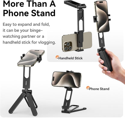 ULANZI MA26 Foldable Phone Tripod - Pocket Cell Phone Vlog Video Tripod Handle Aluminium Smartphone Desk Stand 2 Cold Shoe Small Size All in One Lightweight Portable Vlog Stick for iPhone Samsung