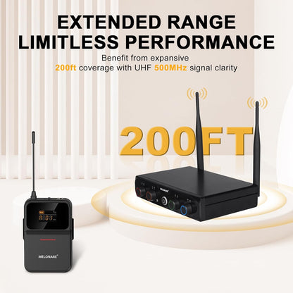 4-Channel Wireless Microphone System,UHF Compact Cordless Mic Set w/ 4x10 Frequencies, 200ft Range, 4 Bodypacks & Headset/Lapel Microphones for Singing, Church, Conference (MWM-41-4B)