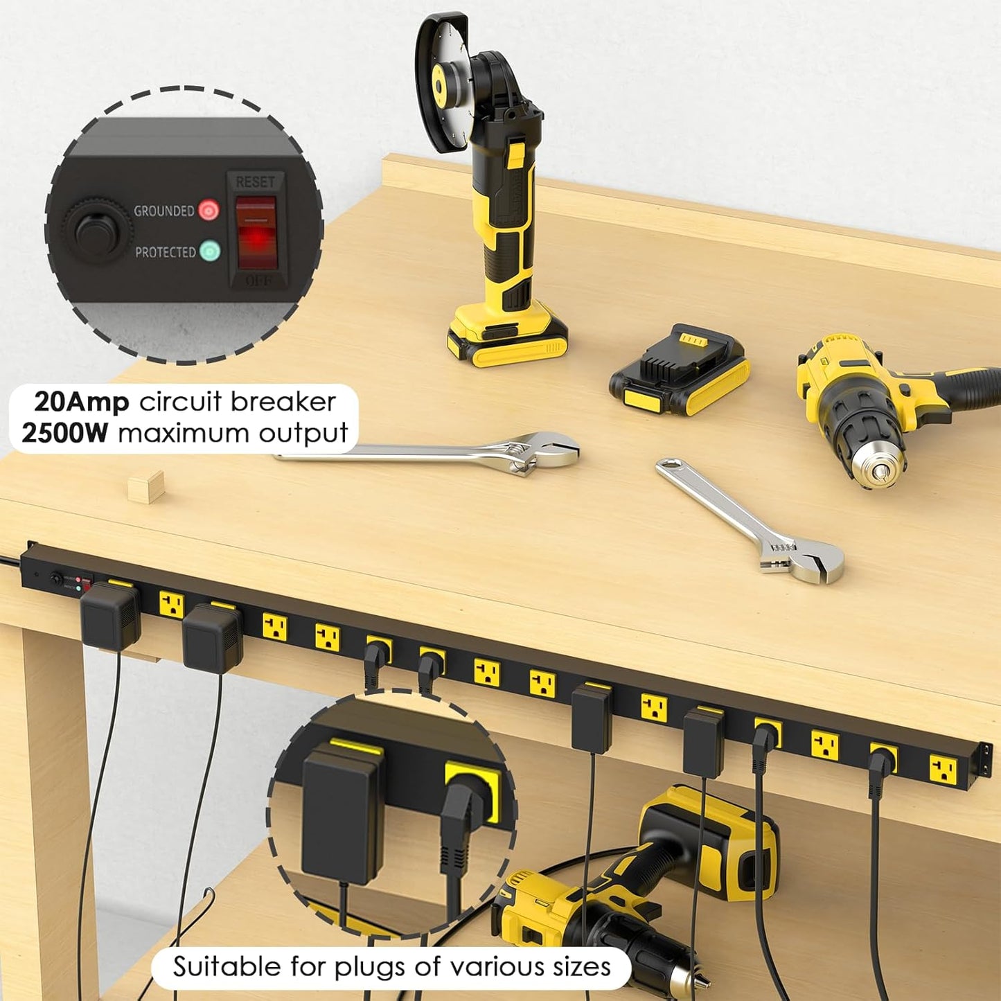 JUNNUJ Long Metal 16 Outlet Power Strip, Heavy Duty Power Strips Surge Protection 4800J with Circuit Breaker, 20a Wide Spaced Socket Wall Mount 5-15P Adapter High Amp 6-20R T-Slot 4FT Extension Cord
