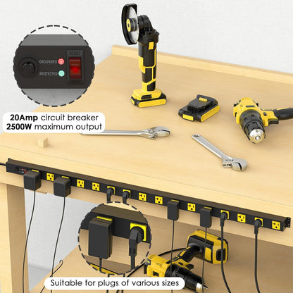 JUNNUJ Long Metal 16 Outlet Power Strip, Heavy Duty Power Strips Surge Protection 4800J with Circuit Breaker, 20a Wide Spaced Socket Wall Mount 5-15P Adapter High Amp 6-20R T-Slot 10FT Extension Cord