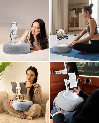 Viozon Tablet Stand Pillow, Compatible with 4.7"-13" Phone/Tablet, iPad, iPhone, Samsung, Google, Kindle, 360°Adjustable Phone Holder for Bed with Soft Plush Fabric, and Detachable Bowl, Grey