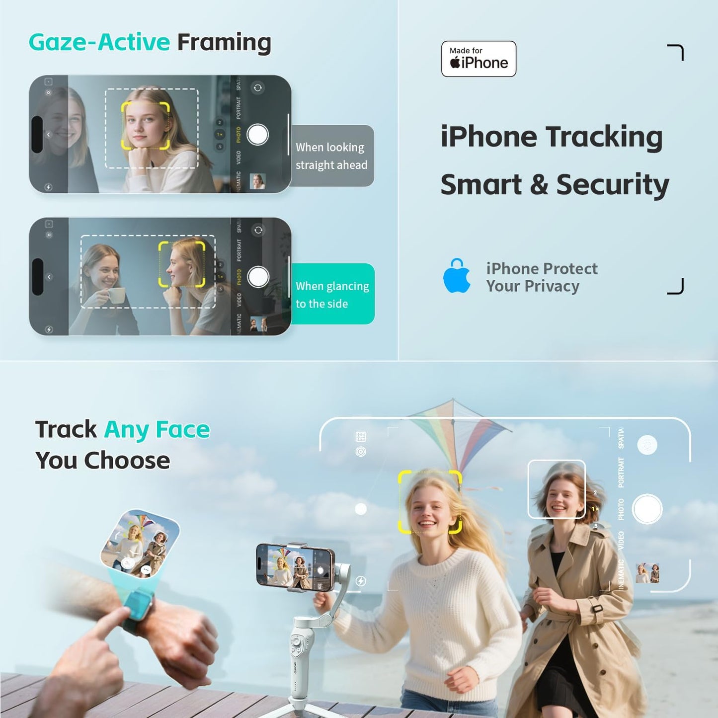 Only for iPhone, MOGO [Apple MFi Certified] Gimbal Stabilizer with Phone Clamp & RGB Light, Video Gimbal Stabilizer Allows Select Tracking Subject, Gaze-Tracking for iPhone 16 15 Pro Max