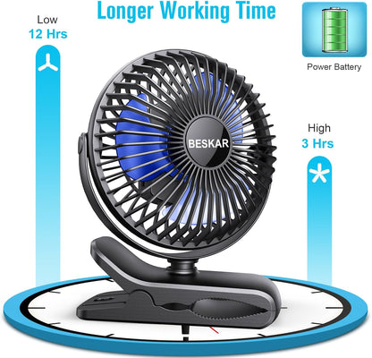 BESKAR Portable Clip on Fan Rechargeable, 4 Speeds Small Battery Operated Fans, USB Desk Fan with Strong Airflow, Sturdy Clamp Fans for Golf Cart Office Outdoor Travel Camping
