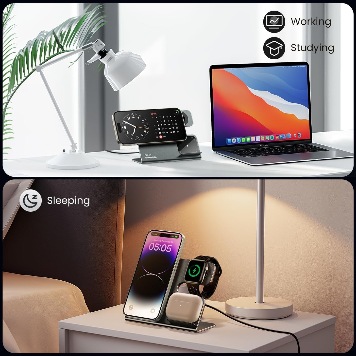 3 in 1 Aluminum Alloy Magnetic Wireless Charging Station Compatible with iPhone 16/15/14/13/12 Series, ESSAGER 15W Wireless Charger Office Bedroom Table for Airpods 4/3/2/Pro, iWatch with 20W Adapter