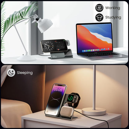 3 in 1 Aluminum Alloy Magnetic Wireless Charging Station Compatible with iPhone 16/15/14/13/12 Series, ESSAGER 15W Wireless Charger Office Bedroom Table for Airpods 4/3/2/Pro, iWatch with 20W Adapter