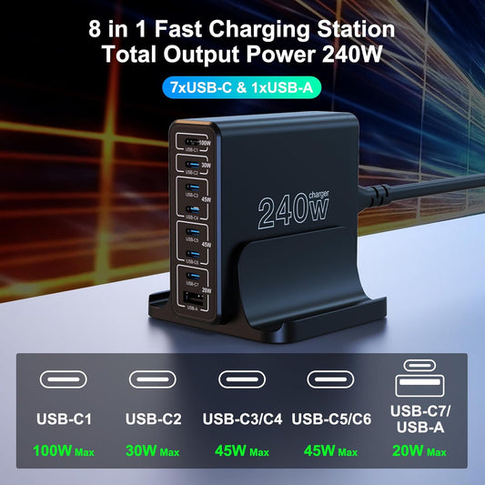 URVNS 240W USB C Charger, 8-Ports Compact GaN PD 100W PPS 45W QC20W Multiport Fast Charging Station for MacBook Laptop, iPhone 16 15 Pro Max, iPad, Galaxy S24 S22, Pixel and More