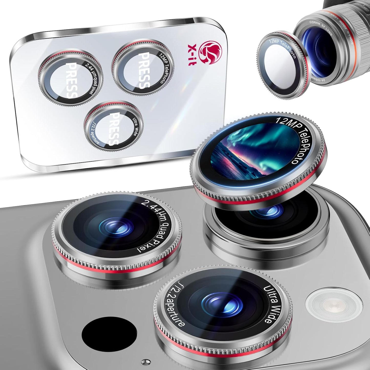X-it 1 Pack Camera Lens Protector, Shatterproof Protection Anti-Scratch Ultra HD Camera Protector, Anti-Glare 9H Tempered Glass Lens Protector for iPhone 16 Pro Max/16 Pro, Case Friendly, Silver Red
