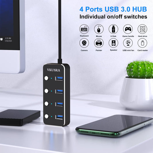 USB Hub,VKUSRA 4 Port USB 3.0 Hub Splitter with 4ft USB Long Cable and Individual LED On/Off Switch,USB Port Expander for Laptop PC