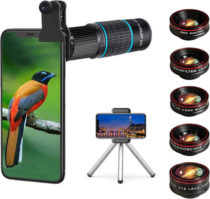 Phone Camera Lens Kit 10 in 1 for iPhone Samsung Pixel Android, 22X Telephoto Lens, 0.62X Super Wide Angle Lens&25X Macro Lens, 235° Fisheye,Kaleidoscopes, Starlight，Tripod，for Most Smartphone Black