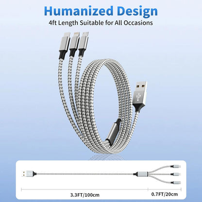 Multi Charging Cable, (2 Pack 4FT) Multi USB Charger Cable 3 in 1 Charging Nylon Braided Fast Charging Cord with Type-C, Micro USB, IP Port for Most Phones/iPhones/Tablets