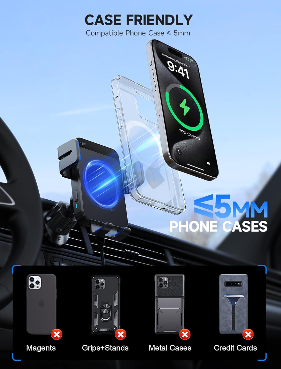 MOKPR Wireless Car Charger, 15W Auto Clamping Car Charger Dash Windshield Air Vent Phone Holder Compatible with iPhone 16 15 14/13/13 Pro/12 pro/12/11/X/8, Samsung S24/S23/S22, Blue