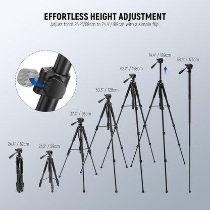 NEEWER Basic 74" Video Tripod Monopod, 3 Way Pan Tilt Head, Remote, Overhead Camera Mount, Horizontal Central Axis, Phone Holder Compatible with iPhone DSLR Telescope Projector, Max Load 17.6lb, TP05