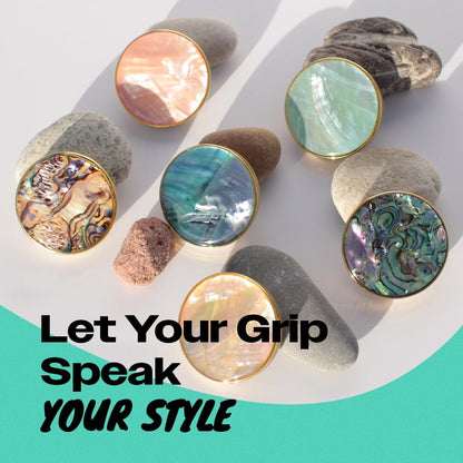 OnTheGrip Cute Natural Seashell Design Round Shape Collapsible Mobile Phone Grip Stand Holder for Smartphone Tablet Cell Phone Accessory (Black Fresh Water)