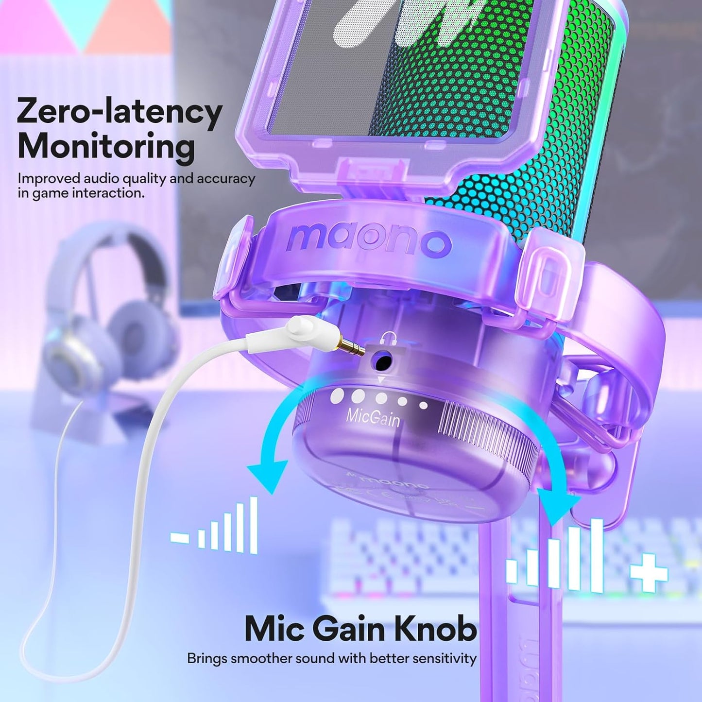 MAONO Gaming Microphone with Noise Cancellation, PC USB Condenser Mic for Computer, Mac, Laptop, PS5, Streaming, Podcast, Twitch, YouTube, Discord, GamerWave DGM20 Purple