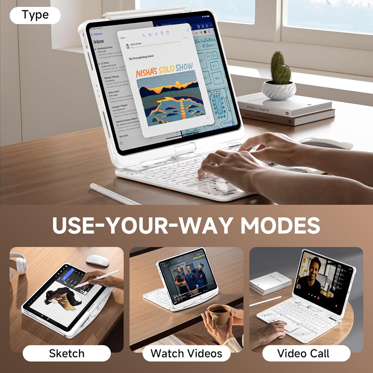 Transparent Case with Keyboard for iPad 9th (7th, 8th, and 9th Gen) 10.2 Inch,with 7-Color Backlit Wireless Keyboard,360°Rotatable Protective Case Multi-Touch Trackpad,with Pencil Holder,White