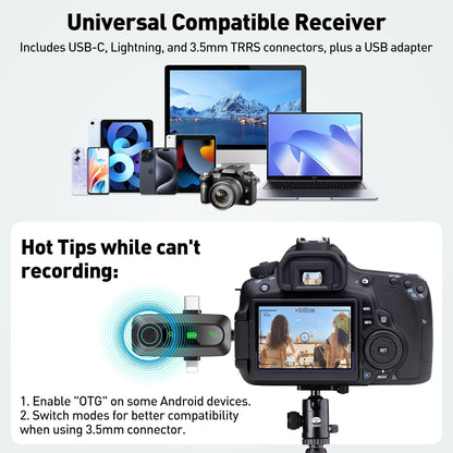 Wireless Lavalier Microphone for iPhone, Android, USB C, PC, Camera Video Recording 4 in 1 Clip-on Mics with Rotatable Clip&Denoise Recording, for Vlog Tiktok YouTube Podcast Content Creator