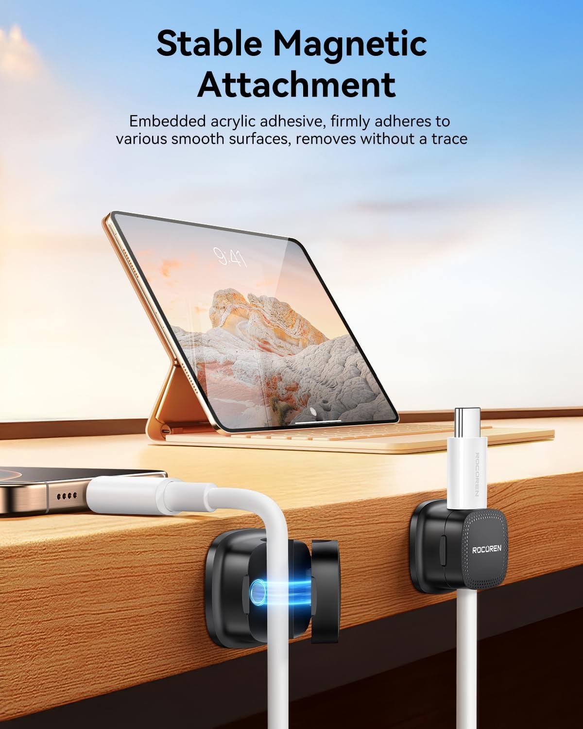 30-Pack Magnetic Cable Clips Cord Organizer,Cable Straps Smooth Adjustable,Rocoren Cable Management Accessories,Cable Holder Clips Wire Holder Keeper for Desktop,Nightstand,Home Office,Workspace,Phone