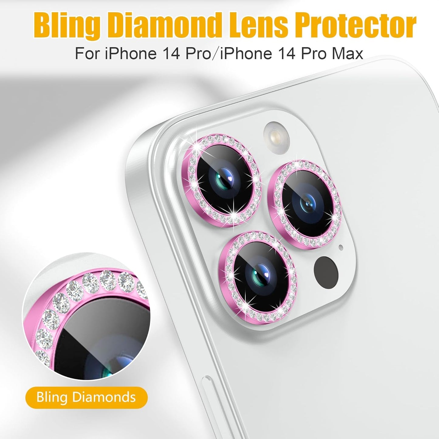 AGVEE 3+3 6 Pack for iPhone 14 Pro 6.1" / 14 Pro Max 6.7" Camera Lens Cover Protector, Bling Diamond & Bling Glitter Metal Ring 9H Tempered HD Glass Camera Cover Protector Film, Bling-Rose