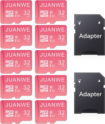 JUANWE 32GB Micro SD Cards 10 Pack Memory Card, SDHC High-Speed U1 A1 SD Card, 32GB TF Cards with 2 Adapter for Phone, Dash Cam, Security Camera (10 Pack, Pink)