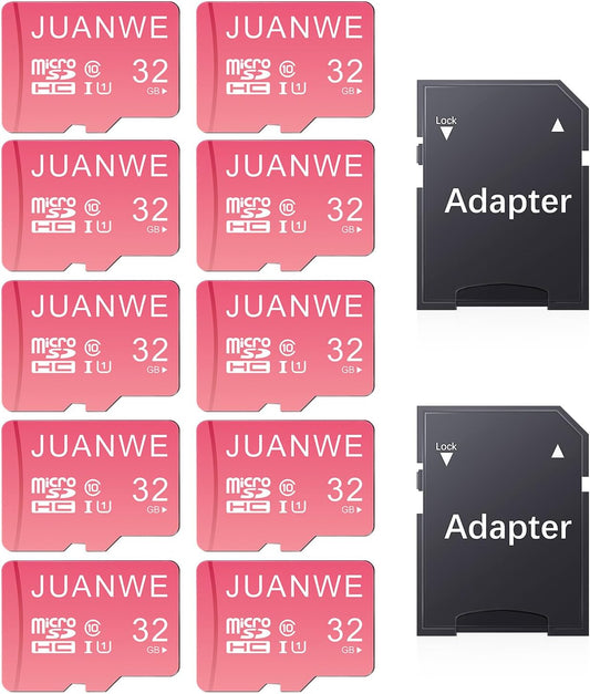 JUANWE 32GB Micro SD Cards 10 Pack Memory Card, SDHC High-Speed U1 A1 SD Card, 32GB TF Cards with 2 Adapter for Phone, Dash Cam, Security Camera (10 Pack, Pink)