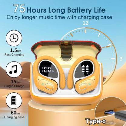 Wireless Earbuds 75hrs Bluetooth 5.4 Headphone Sport, 2025 Bluetooth Earbuds Stereo Deep Bass Over Ear Bud with Earhooks, ENC Noise Cancelling Mic, IPX7 Waterproof Earphone, Yellow