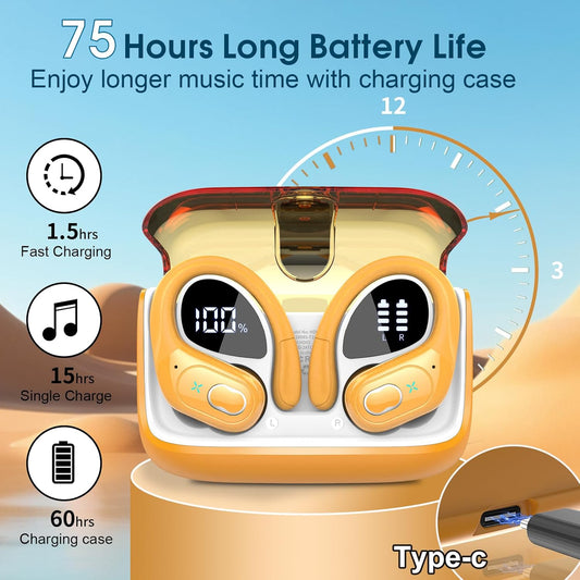 Wireless Earbuds 75hrs Bluetooth 5.4 Headphone Sport, 2025 Bluetooth Earbuds Stereo Deep Bass Over Ear Bud with Earhooks, ENC Noise Cancelling Mic, IPX7 Waterproof Earphone, Yellow