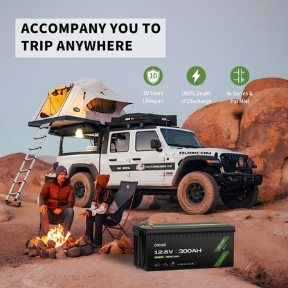 OKMO 12V 300Ah LiFePO4 Lithium Battery 3840Wh Rechargeable Lithium Battery with BMS 10 Years Lifetime 15000+ Deep Cycles,for Solar systerm,RV,Camping,Battery Backup,Marine and Home Energy Storage