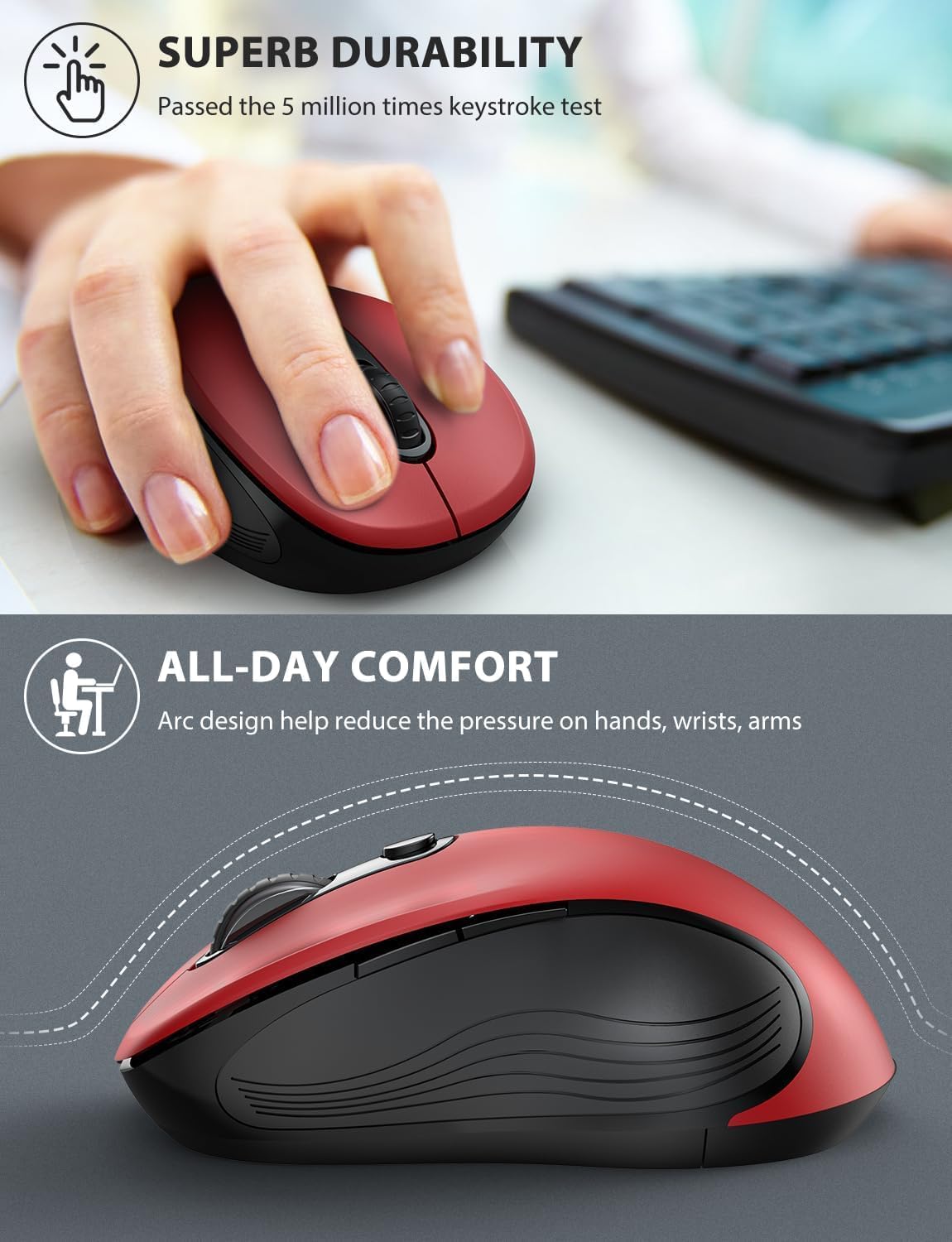 Trueque Wireless Mouse for Laptop, 2.4GHz Ergonomic Computer Mouse with Back & Forward Buttons, 3 Adjustable DPI Levels, 6 Buttons, Optical USB Cordless Mice for Windows Chromebook MacBook PC (Red)