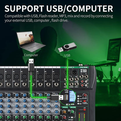 XTUGA 8 Channel Audio Mixer Sound Board Mixing Console, Audio Interface PC USB Bluetooth with 48V Phantom Digital Effect for DJ Live Recording Studio Karaoke(CT80)