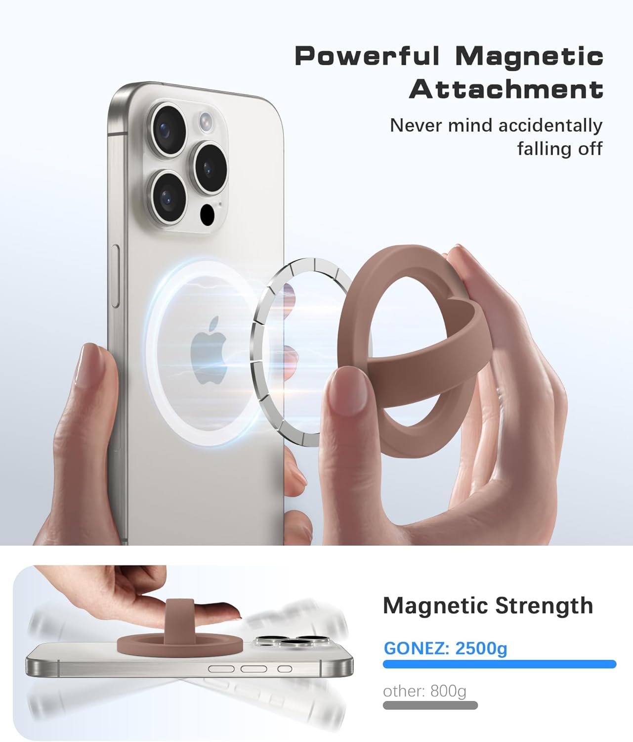 GONEZ Magnetic Phone Grip Compatible with MagSafe, Removable Silicone Loop Grip, Phone Ring Holder for Back of Phone for iPhone 16/15/14/13/12 Series, Brown