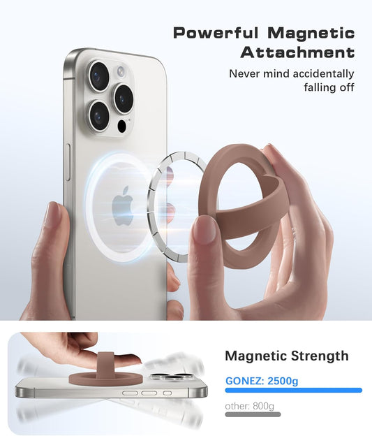 GONEZ Magnetic Phone Grip Compatible with MagSafe, Removable Silicone Loop Grip, Phone Ring Holder for Back of Phone for iPhone 16/15/14/13/12 Series, Brown