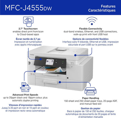 Brother INKvestment 4555 Wireless Color Inkjet All-in-One Printer with 2.7” Color Touchscreen and 2 Paper Trays | Includes Refresh Subscription Trial(1) (MFC-J4555DW)