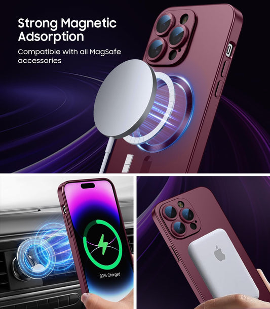 Magnetic for iPhone 14 Pro Max Case [Compatible with MagSafe][Built-in Camera Lens Protector] Slim Soft TPU Bumper Shockproof Metallic Luster Phone Case (Burgundy)