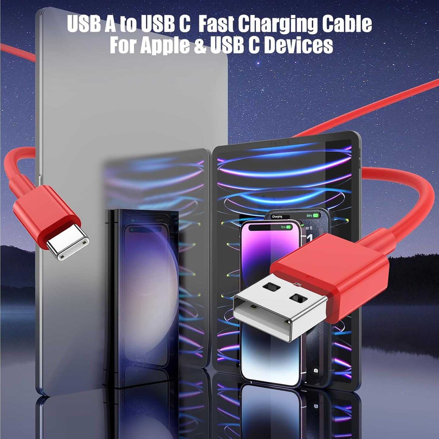 3-Pack Red [3.3FT+3.3FT+6FT] USB A to USB C Cable，USB to USB C Car Carplay Cable for iPhone 16 15 Pro Plus Pro Max，for iPad Pro/Air/Mini，for Samsung S24/S23/S22/S21，for MacBook Pro/Air and More