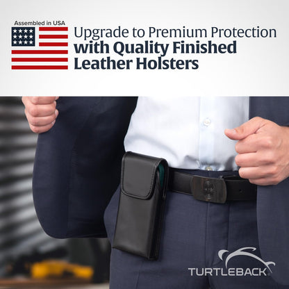 Turtleback Belt Holder for iPhone 16 Pro Max, 15 Pro Max, 14 Pro Max -Small- Fits w/Slim MagSafe Style Cases, Premium Black Leather Vertical Belt Holster Magnetic Closure Leather Wrapped Clip