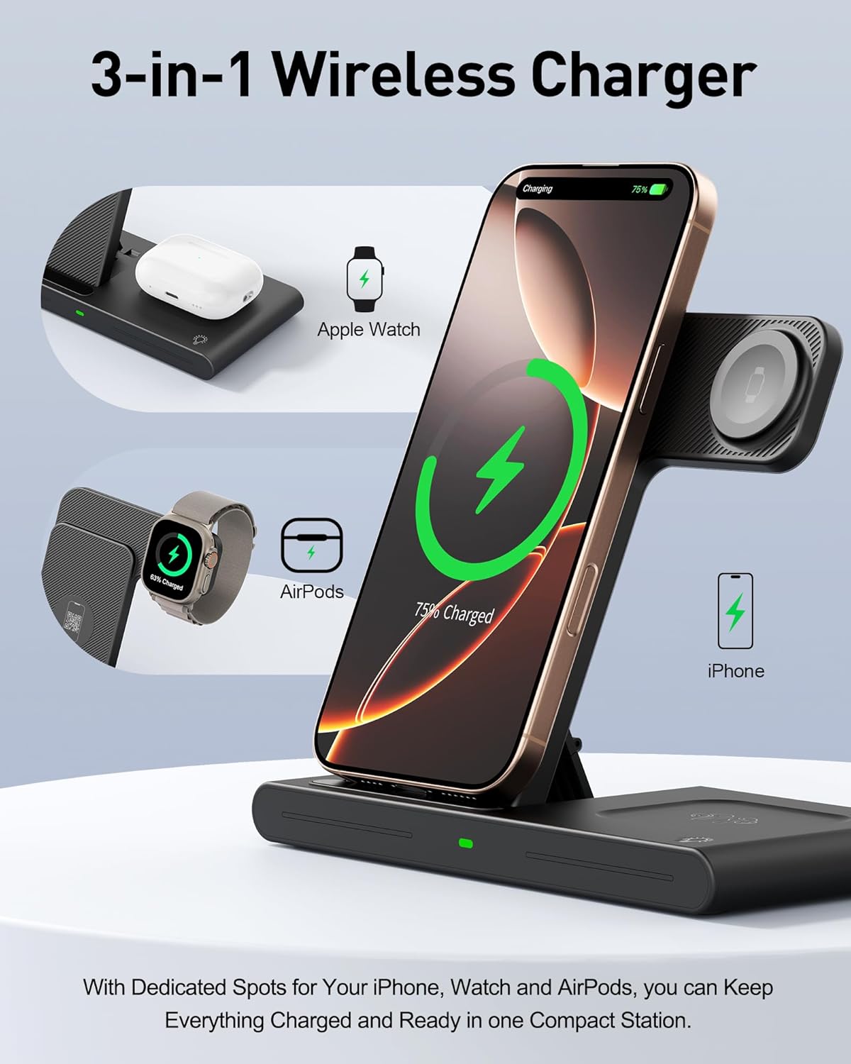 2025 Wireless Charger for Apple and Android Charging Station,3 in 1 Fast Max Charging for iPhone 16 15 14 13 12 Pro Max Plus, Apple Watch Series & Air pods 4 3 2 Pro, Android Samsung Galaxy Series