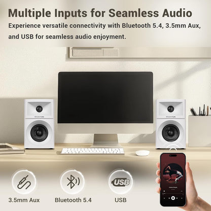 SW203 4.0 Computer Speakers - 60W 4-Way DSP Control 3D Immersive Sound - 3" Carbon Fiber Woofer & 20mm Silk Dome Tweeter - 24bit DAC USB/Bluetooth 5.4/AUX - Studio-Grade Audio (Pair, White)