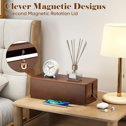 Delamu Wooden Cable Management Box with Magnetic Lid, Duty Cord Organizer for Desk Power Strip Hider Cover with Ventilation for Desk, Floor, Home Office, Baby Pets Safe Storage Solution