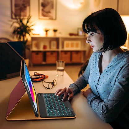 DTTO for iPad 11th (A16)/ 10th Generation Case with Keyboard (2025/2022), 7 Colors Backlit Wireless Detachable Keyboard Leather Folio Cover with Pencil Holder & Pocket, Burgundy Red