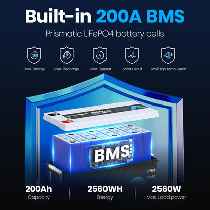 12V 200AH Bluetooth LiFePO4 Lithium Battery with Self-Heating, Built-in 200A BMS, Supports Low Temp Charging(-4°F), 5000+ Cycles, Perfect for RV/Camper, Solar, and Off-Grid Applications, etc.