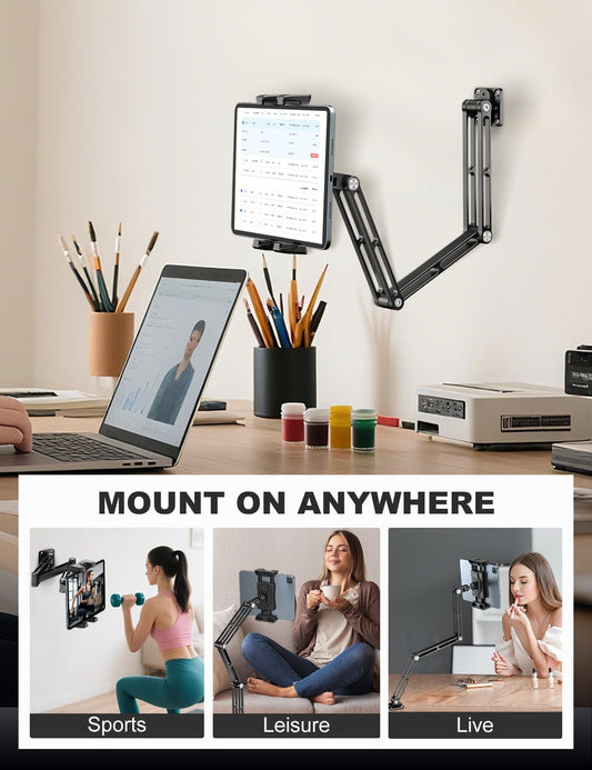 OHLPRO Aluminum Tablet Wall Mount Holder - 360° Adjustable & Extendable 3-Stage Arm for iPad Pro/Air/Mini, Galaxy Tab 5-13" | Heavy Duty Metal Stand for Kitchen, Office, Bedroom