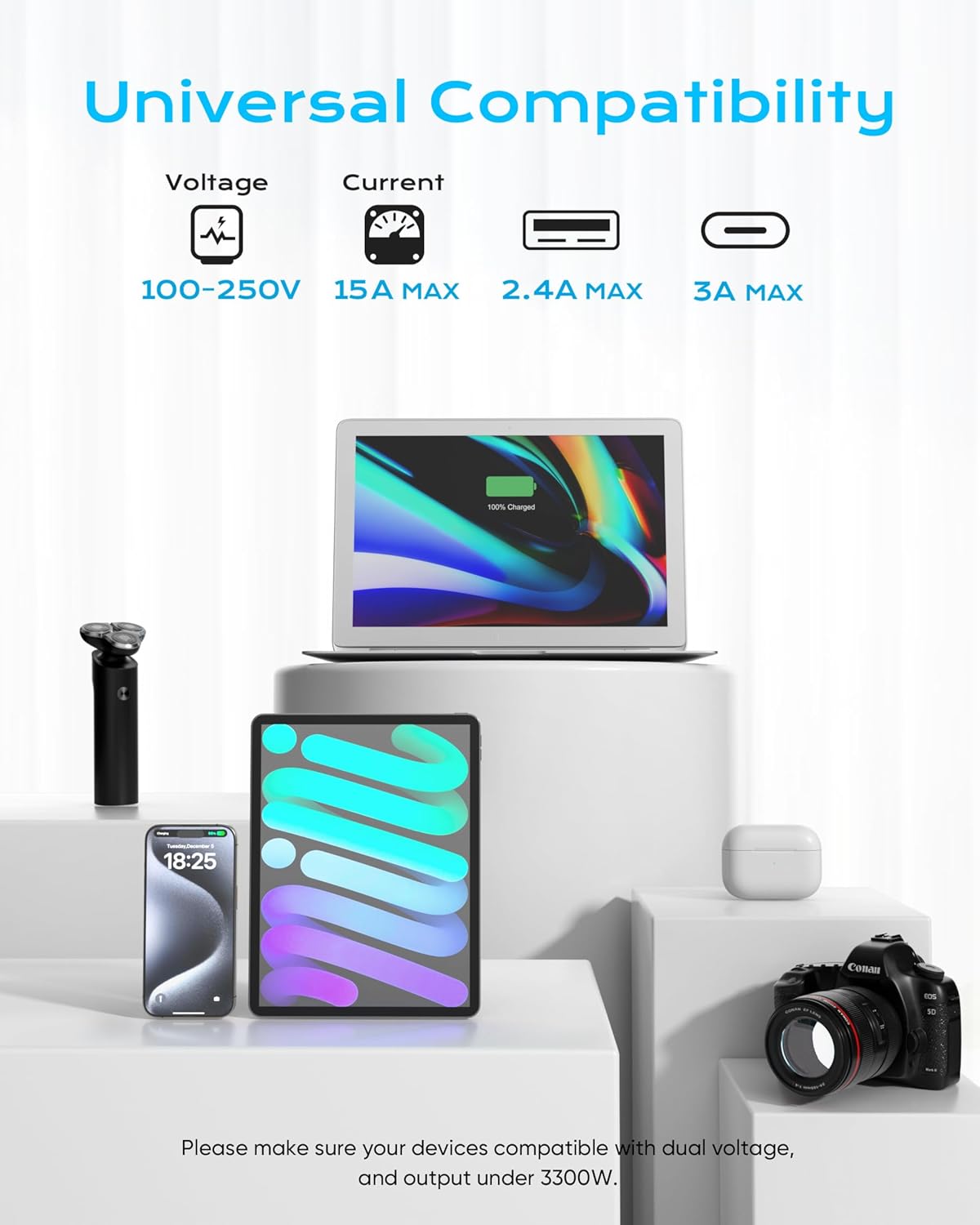 Italy Travel Plug Adapter, Olcorife US to Italy Type L Plug Adapter, International Power Strip with 6 Outlets and 3 USB(1 USB-C), 5 FT Cord for Italy Chile Ethiopia Libya