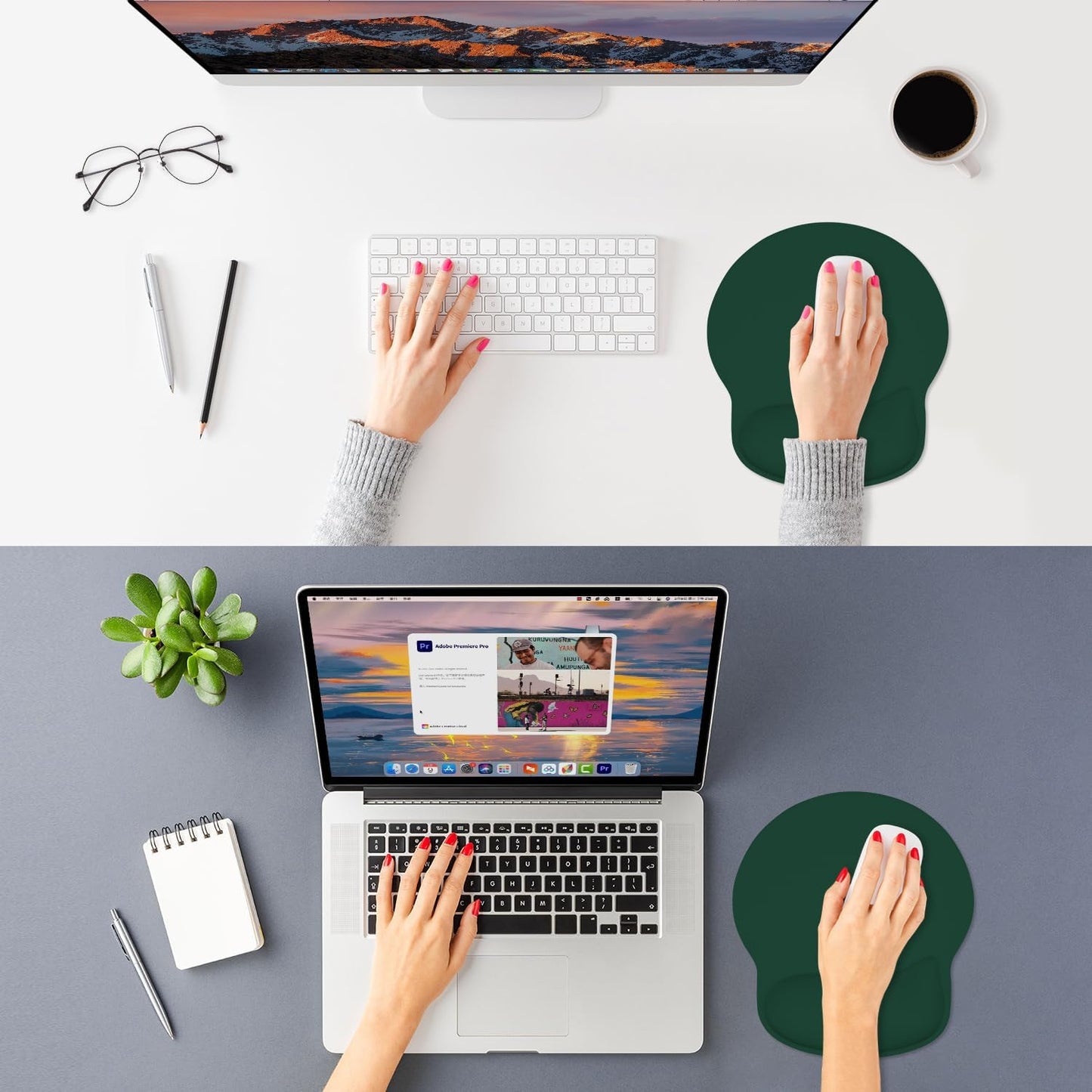 ITNRSIIET Ergonomic Mouse Pad with Wider Memory Foam Wrist Rest +17% - Curved Cushion Reduces Pressure 20%, Pain Relief, Non-Slip, Smooth, Cute Colors, 9.85 x 9 in, Deep Green