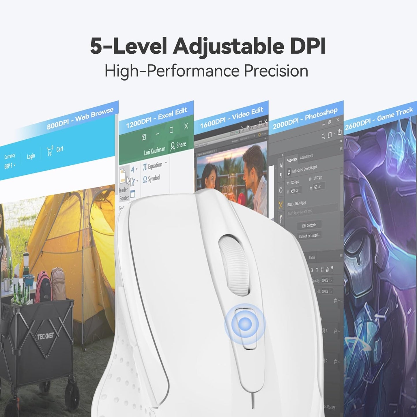 TECKNET Wireless Mouse, 2.4G Ergonomic Optical Mouse, Computer Mouse for Laptop, PC, Computer, Chromebook, Notebook, 6 Buttons, 24 Months Battery Life, 4000 DPI, 6 Adjustment Levels