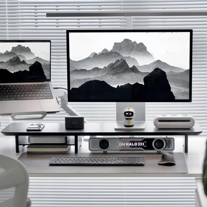 Bamboo Dual Monitor Stand Riser Black, 2-Tier Desk Monitor Riser for 2 Monitors, Supports for PC Computer Monitor, Printer, Heavy TV Riser up to 300 lbs