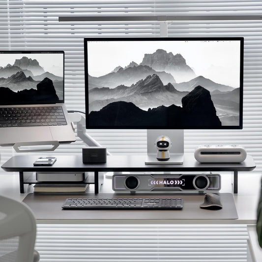 Bamboo Dual Monitor Stand Riser Black, 2-Tier Desk Monitor Riser for 2 Monitors, Supports for PC Computer Monitor, Printer, Heavy TV Riser up to 300 lbs