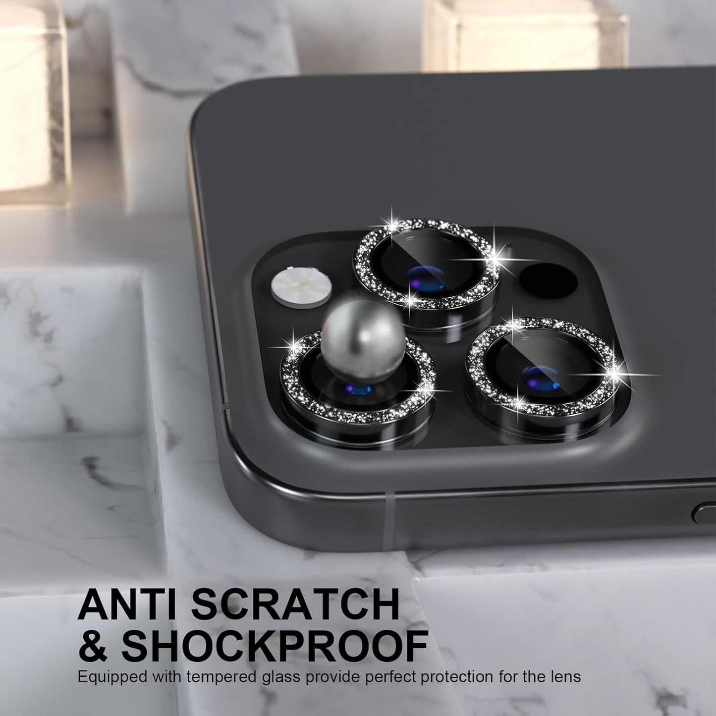 Choiche Compatible for iPhone 16 Pro/iPhone 16 Pro Max Camera Lens Protector Bling, 9H Tempered Glass Camera Cover Screen Protector Metal Ring Decoration Accessories (Glitter-Black)