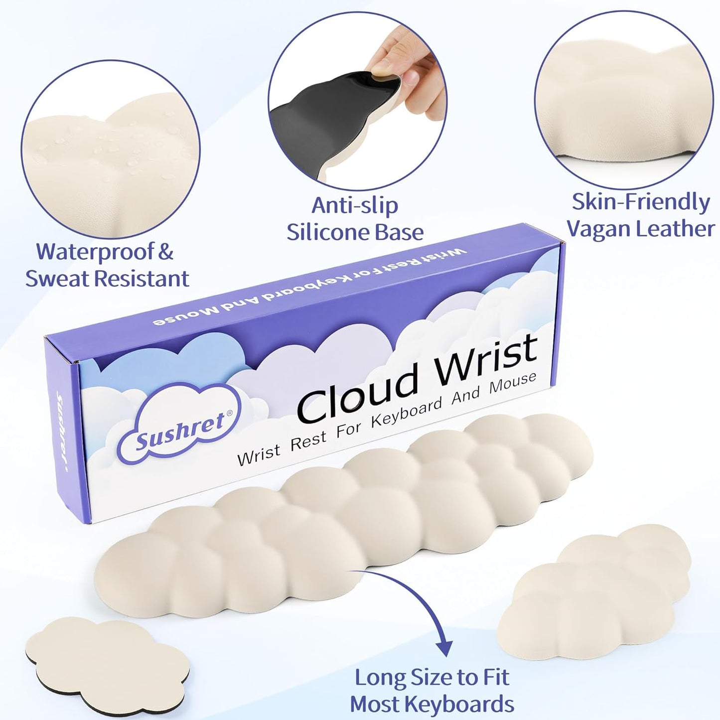 Cloud Wrist Rest Keyboard, Cloud Keyboard Wrist Pad Set with PU Leather Memory Foam, Cute Arm Rest for Palm Support, PC/Gaming Desk Accessories/Office Setup/Computer Hand Cushion - Beige