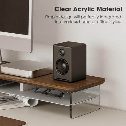 Fenge Acrylic Monitor Stand Riser, 42.5 Inches Dual Monitor Stand with Metal Storage, 2 Tier Acrylic Computer Riser for Desk, Clear Laptop Stand for PC, Laptop, Printer, TV, Brown